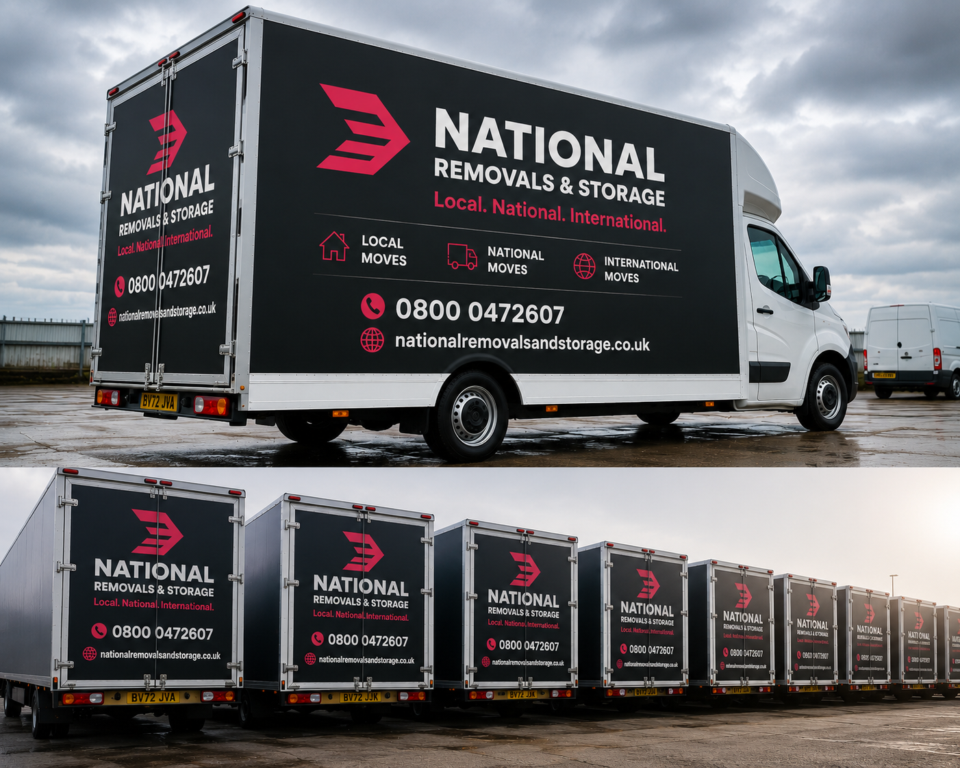 National Removals and Storage branded moving vehicles lined up and ready for service