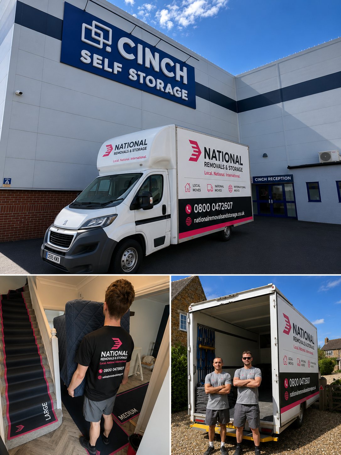 National Removals and Storage team carrying furniture and standing beside a branded moving van
